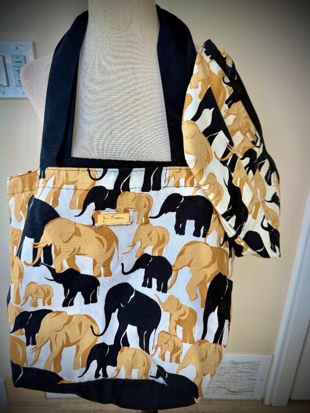 Jim Thompson Canvas Tan, Cream, Black, Elephant Tote Bag incl. Extra Sachel bag